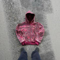 Men's blue loose hooded zip coat with digital printing showing front view