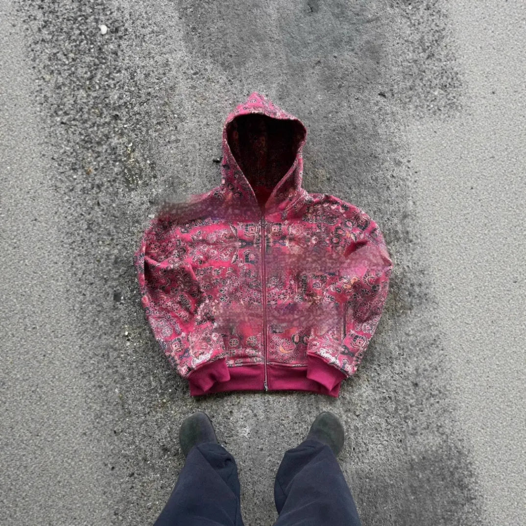 Men's blue loose hooded zip coat with digital printing showing front view