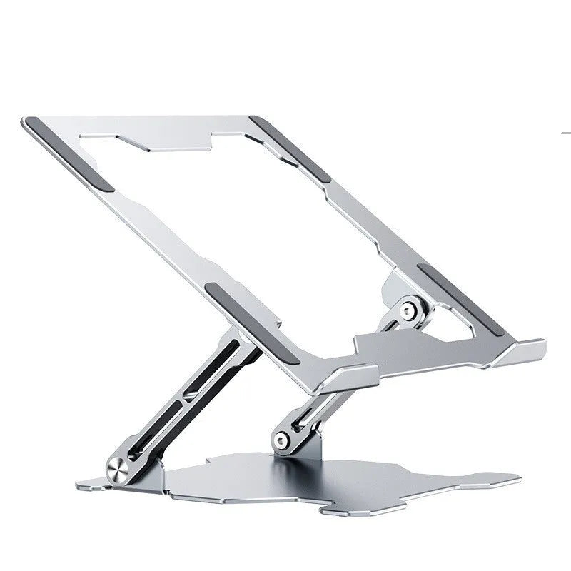 Grey aluminum laptop stand shown at an adjustable angle, folded flat, and holding a silver laptop.