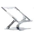Grey aluminum laptop stand shown at an adjustable angle, folded flat, and holding a silver laptop.