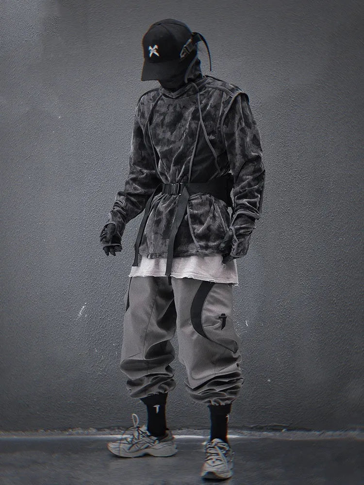 Men's black tie-dye printed pullover sweater with drop shoulders and finger turtleneck