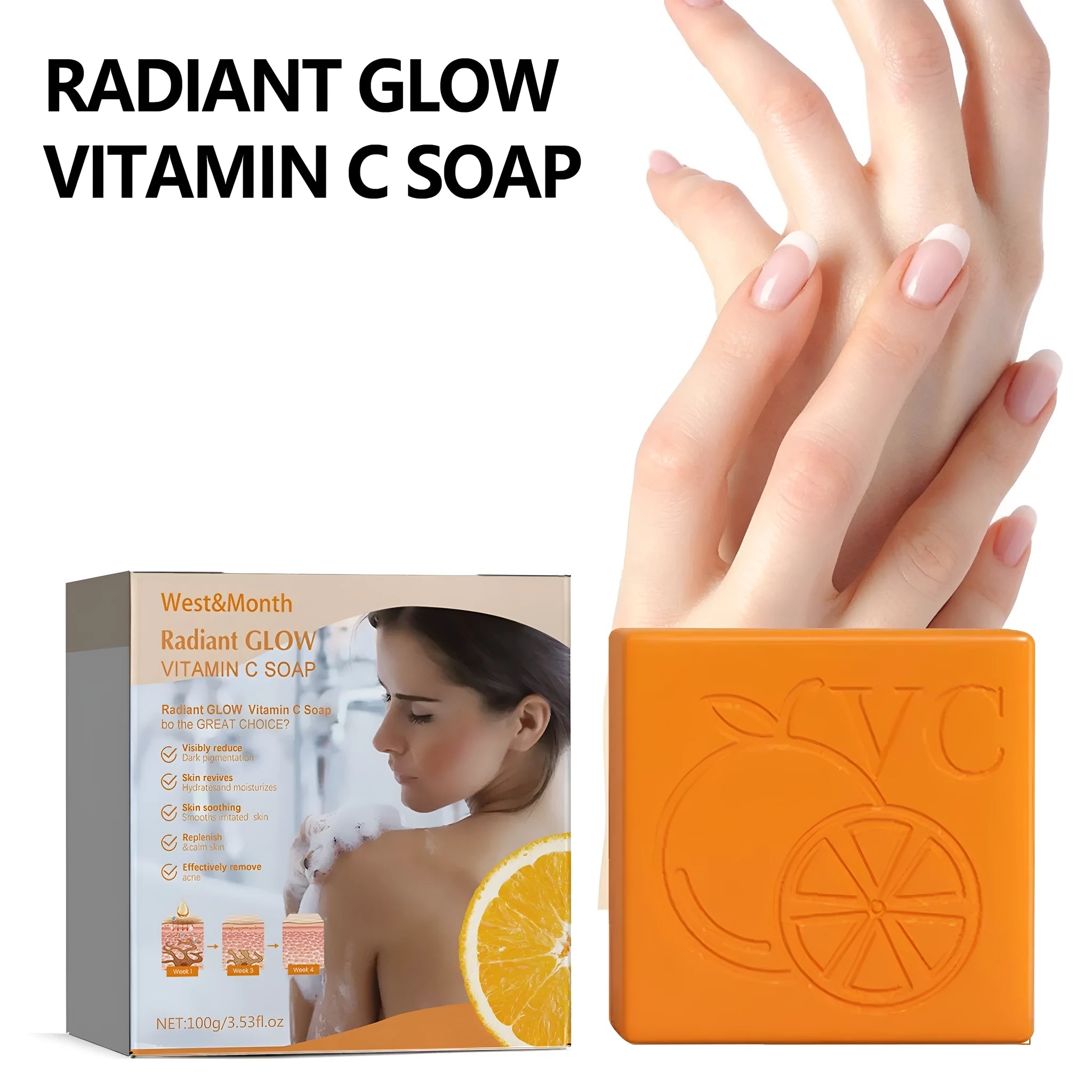 A single 100g whitening vitamin body care soap bar with kojic acid and botanical extracts.