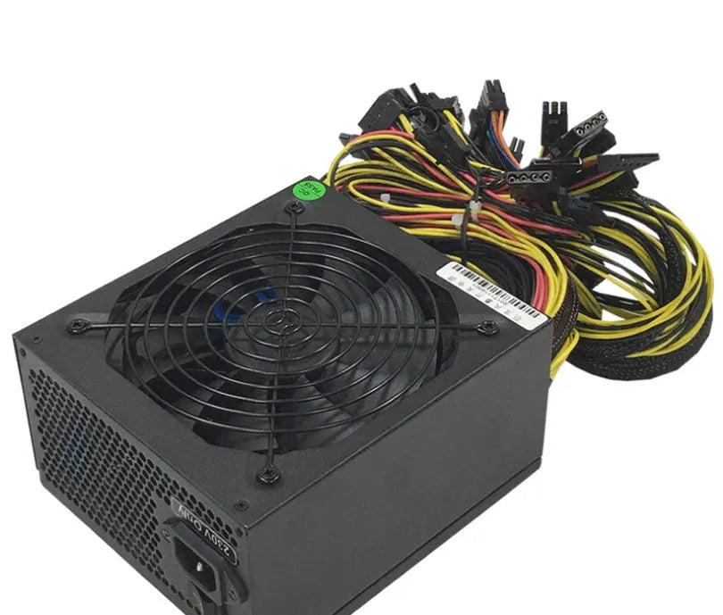 Black server power supply unit with multiple cable connectors including graphics card and D-type interfaces.