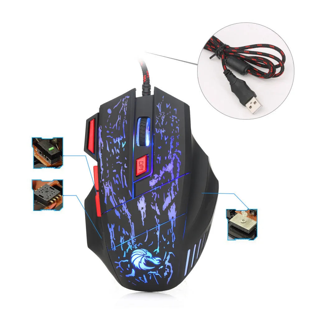 Water Crack colourful luminous wired gaming mouse with USB cable on desktop