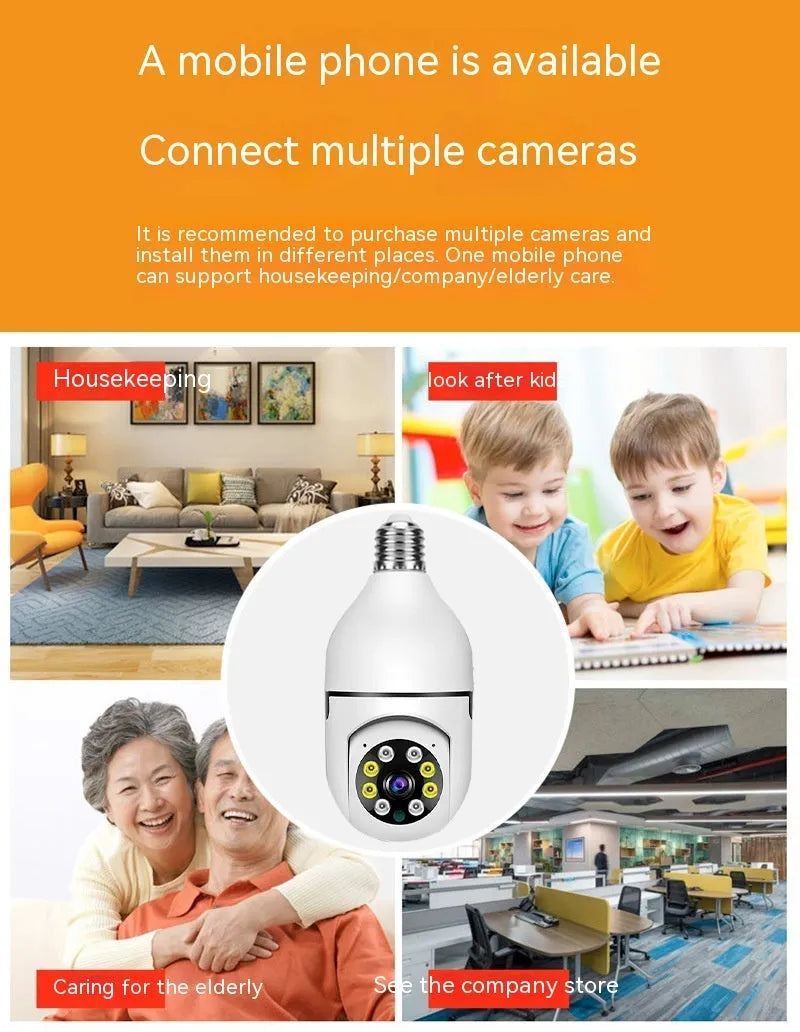 Wireless bulb security camera with 5cm diameter lamp head showing e27 fitting for standard light sockets