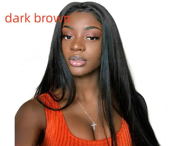Long straight black women's wig with centre-parted bangs in European American style