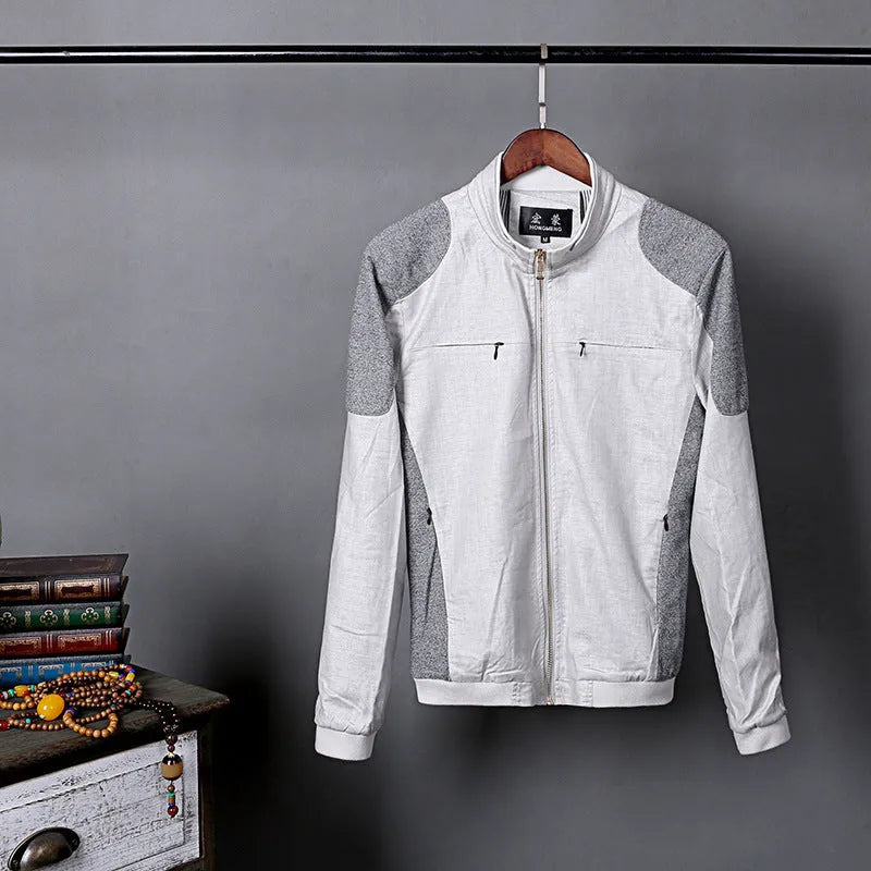 Men's thin blue cotton linen jacket in regular fit on a hanger.