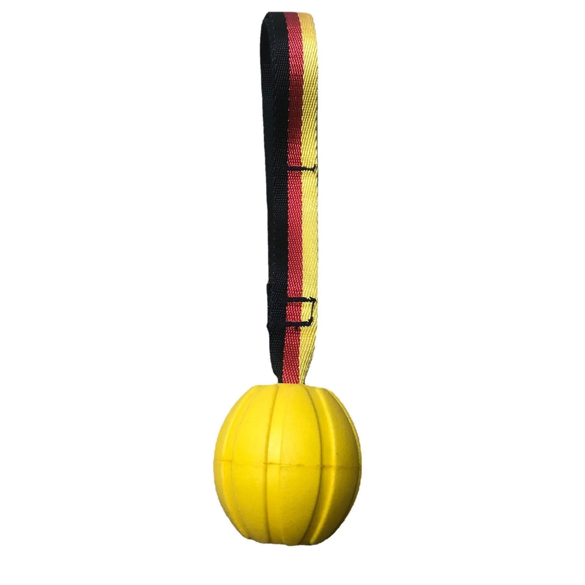 Camouflage and yellow floating EVA dog balls with tether strings in three different sizes on blue background.