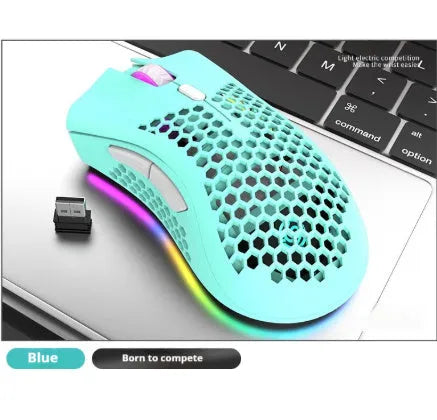 BM600 hollow out design wireless gaming mouse with luminous charging in black, cyan, and white colour options.