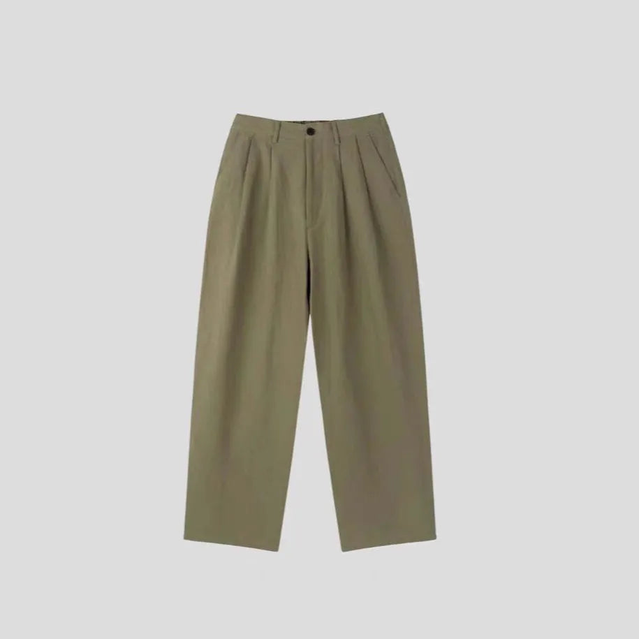 Men's apricot wide-leg cotton linen trousers with mid-waist zip fly and pencil leg opening