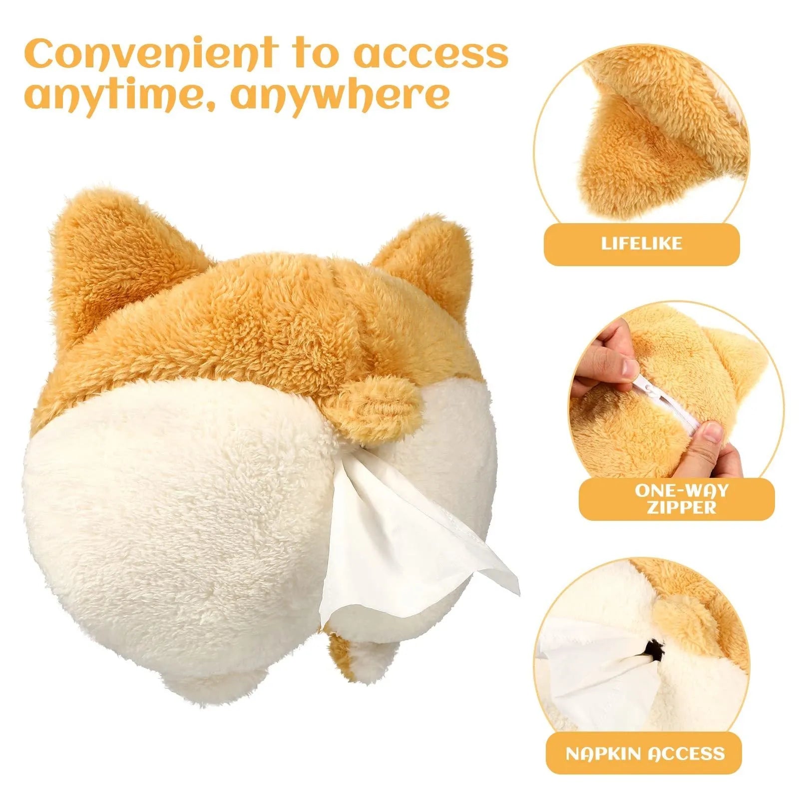 Yellow corgi butt-shaped polyester tissue box cover hanging on a car sun visor.