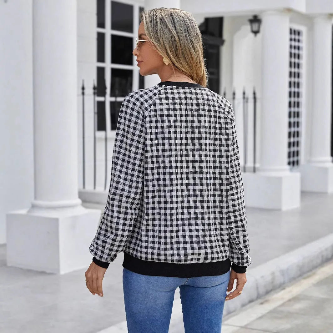 Black Japanese plaid pattern pullover sweater with long sleeves and stripe detailing