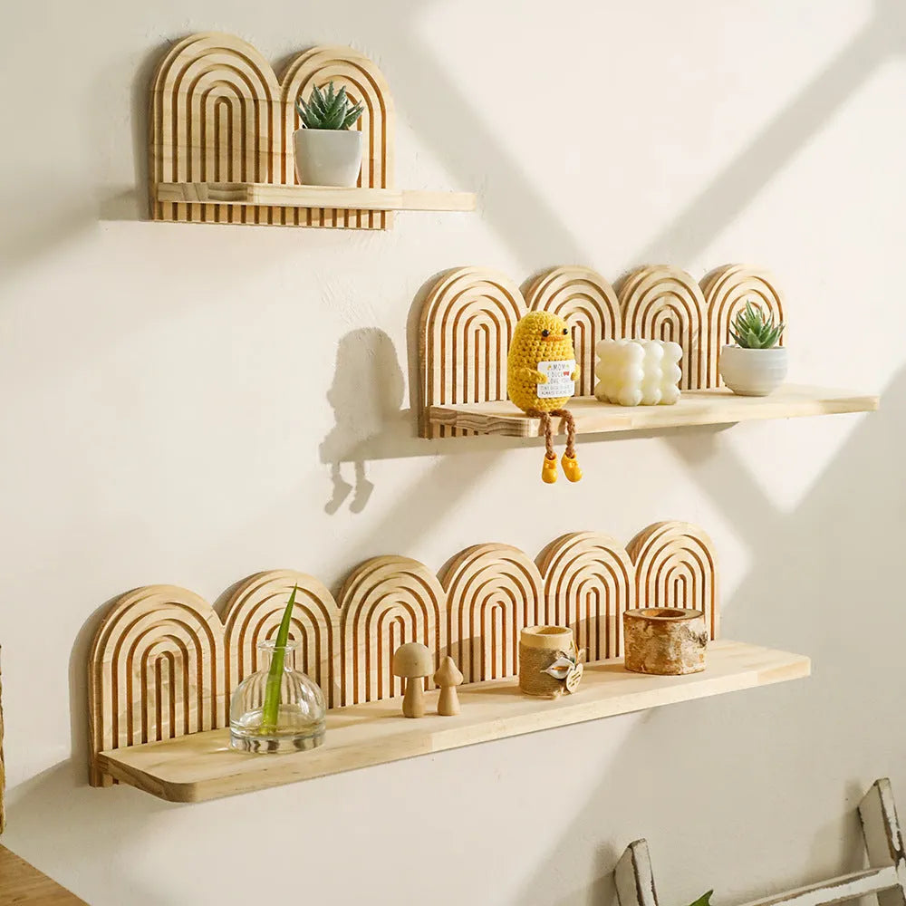 Wooden wall-mounted flower pot rack with multiple tier options for indoor plant display
