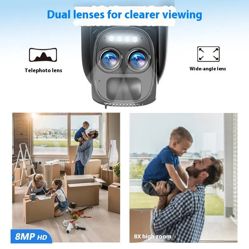 Solar-powered outdoor surveillance camera with 8x zoom lens on a mounting bracket.