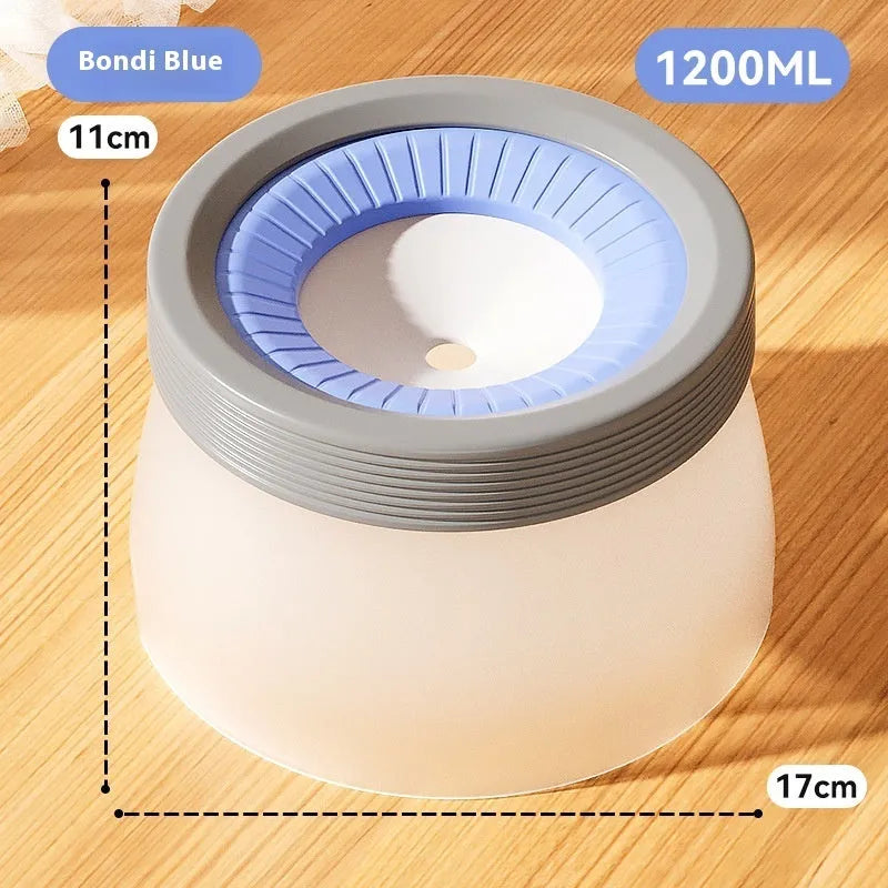 Suspended pet water bowl with non-wet mouth design in blue, green, and brown colours