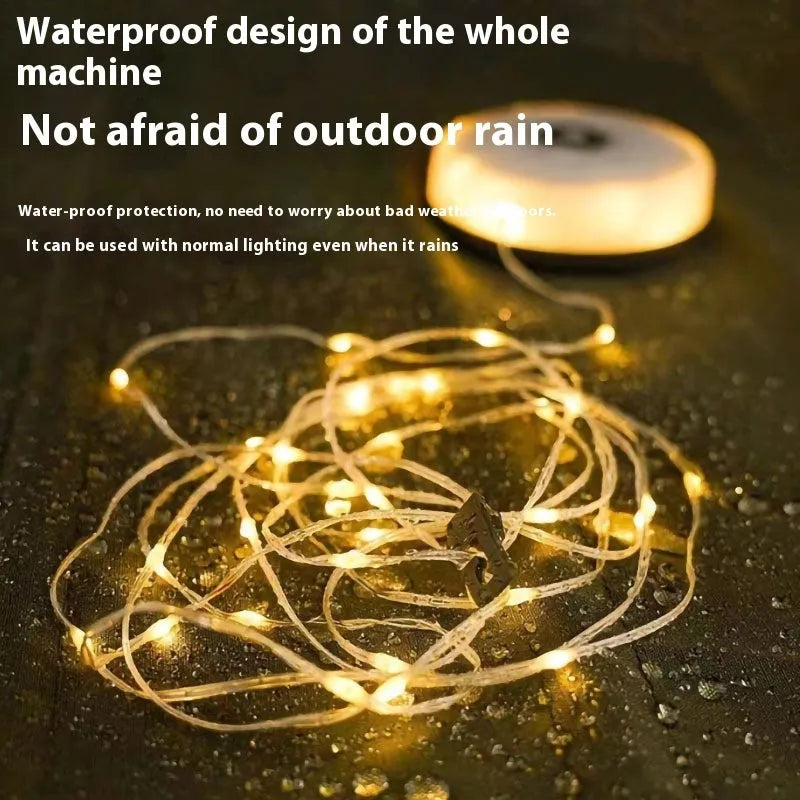 Rechargeable outdoor string lights with 30 LED beads in 8 metre length for camping and garden use