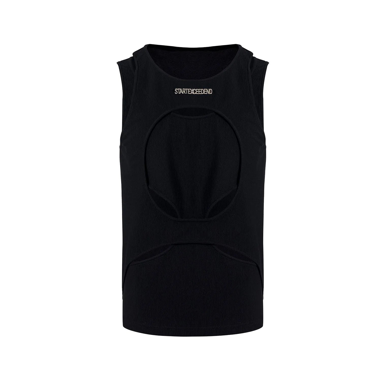 Men's black sleeveless loose-fit pullover waistcoat with a round neck, shown on a hanger.