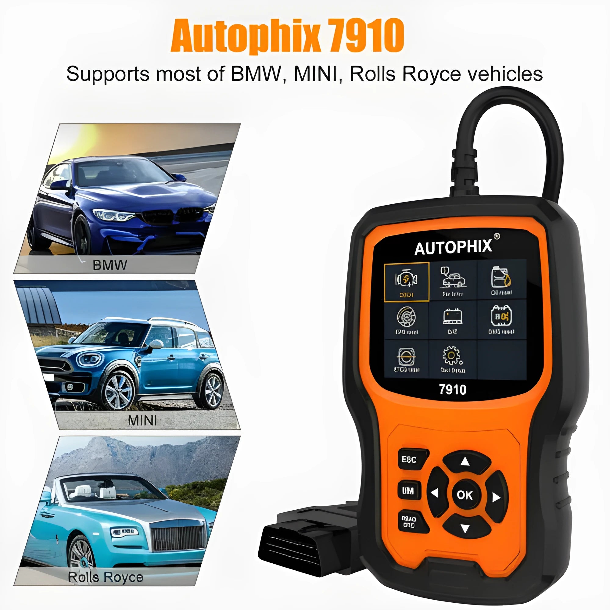 Autophix 7910 BMW diagnostic scanner with OBD2 connector for vehicle fault code reading