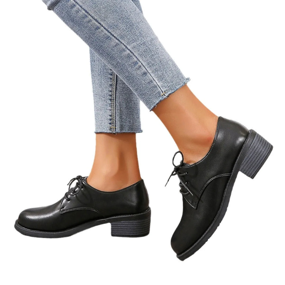 Black women's work shoes with thick chunky heel and low-top design