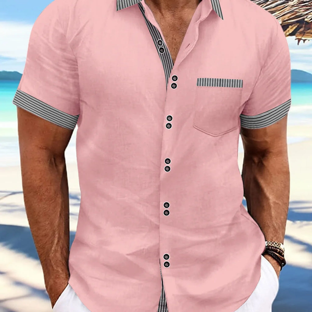 Striped double button short sleeve casual shirt in pure cotton with slim fit styling