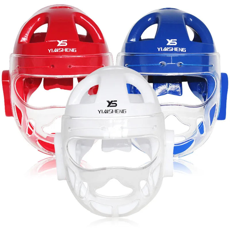 White, blue, and red karate boxing helmet headgear in sizes S, M, L, XL for head protection.