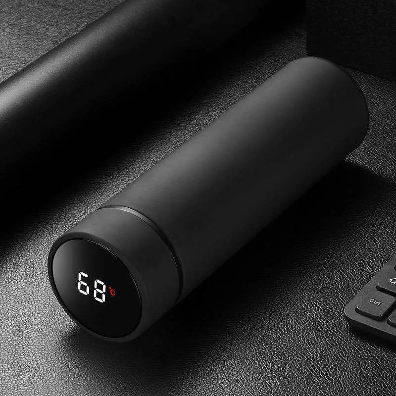 450ml stainless steel insulated water bottle in blue with optional temperature display on lid.