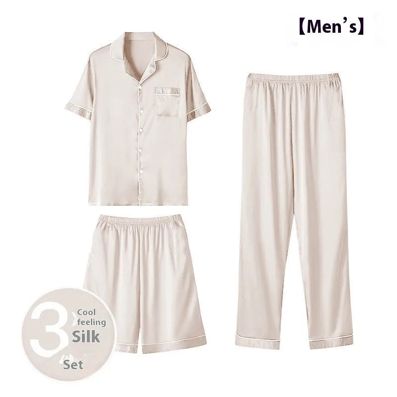 Men's ice silk three-piece homewear set showing coordinated top, shorts, and trousers in thin fabric