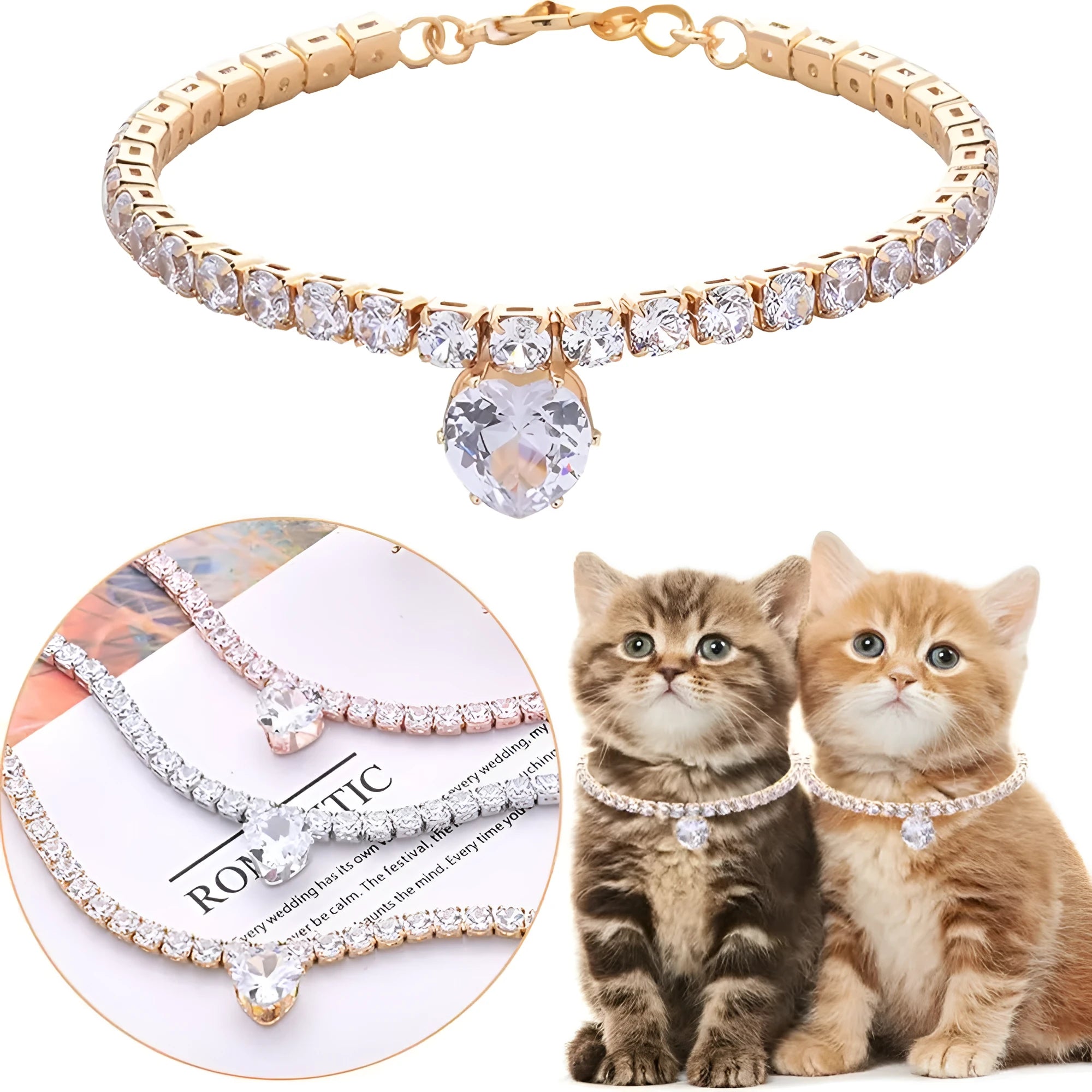 Gold rhinestone heart-shaped collar for dogs and cats with shiny stones and metal extension chain.