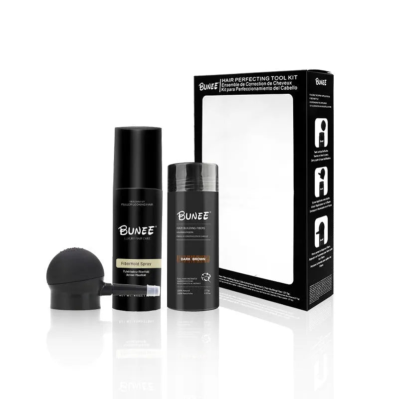 Hair fibre powder kit with 275g canister, styling spray bottle, and applicator nozzle for thinning hair.