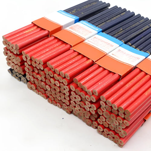 Set of ten red and blue round wooden carpenter's pencils for marking.