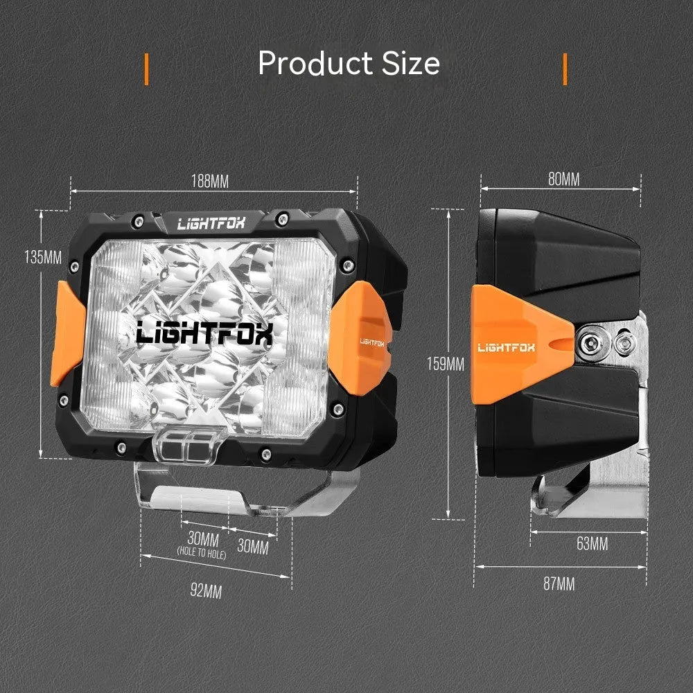 A pair of black aluminium LED front bumper lights for off-road vehicle retrofit.