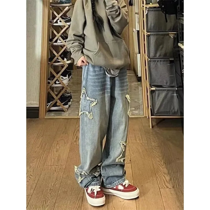 Blue high waist wide-leg denim jeans with straight cut on mannequin