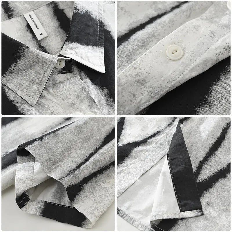Retro striped short sleeve cotton cardigan shirt in black and brown colours