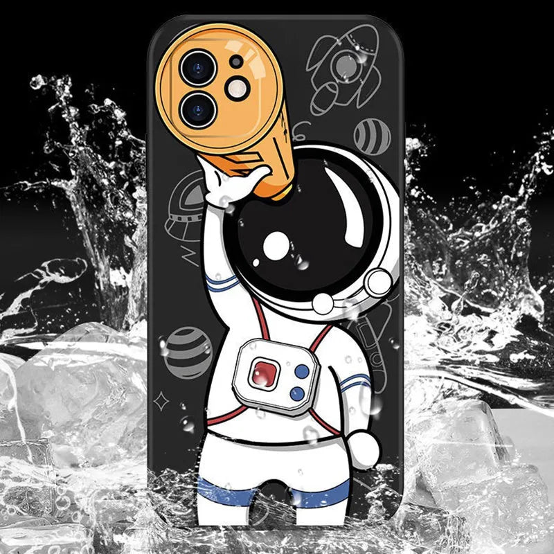 Silicone iPhone case with cartoon astronaut and starry sky design in classic black.