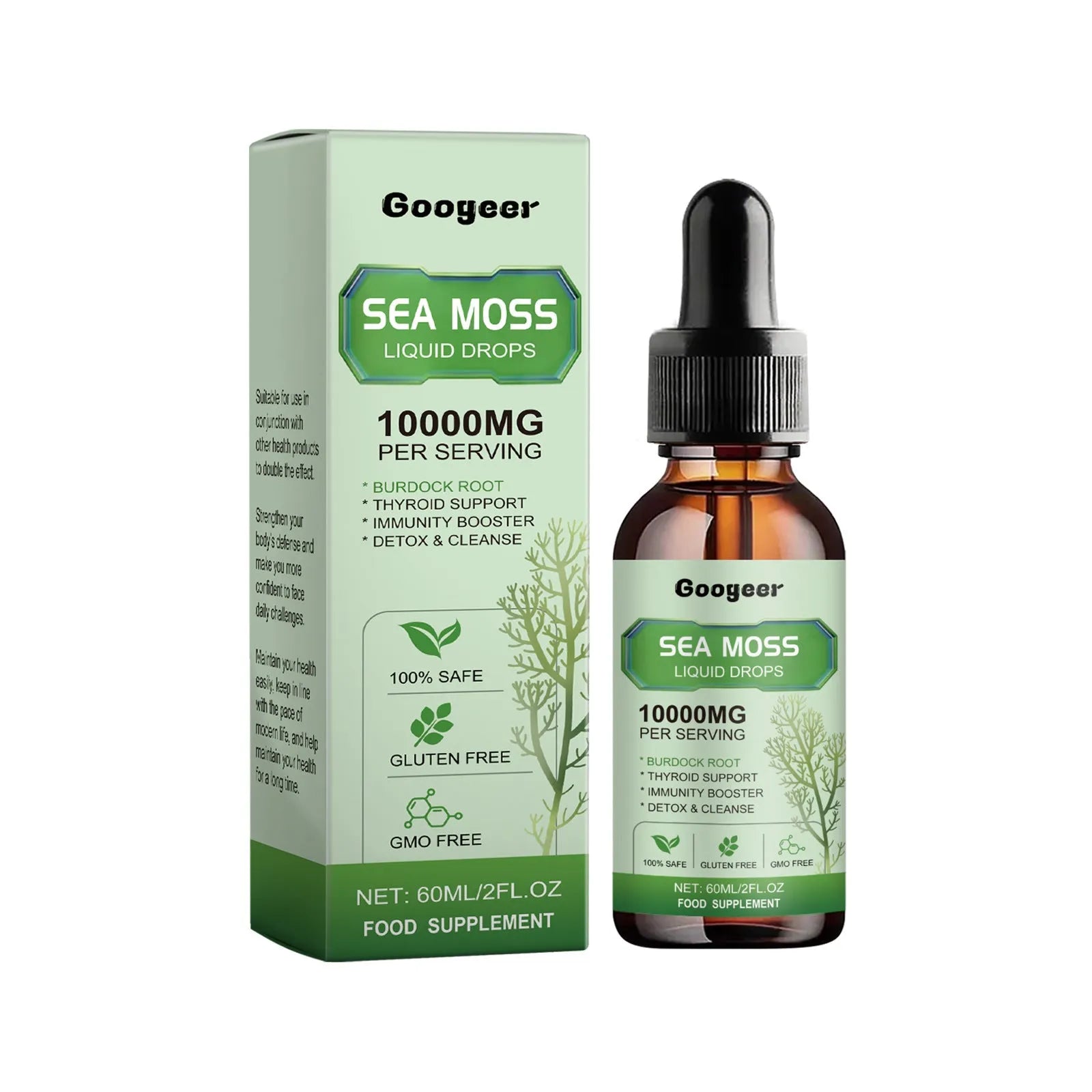 Sea moss liquid drops body treatment bottle measuring 3.3x3.3x12cm with 60ml capacity