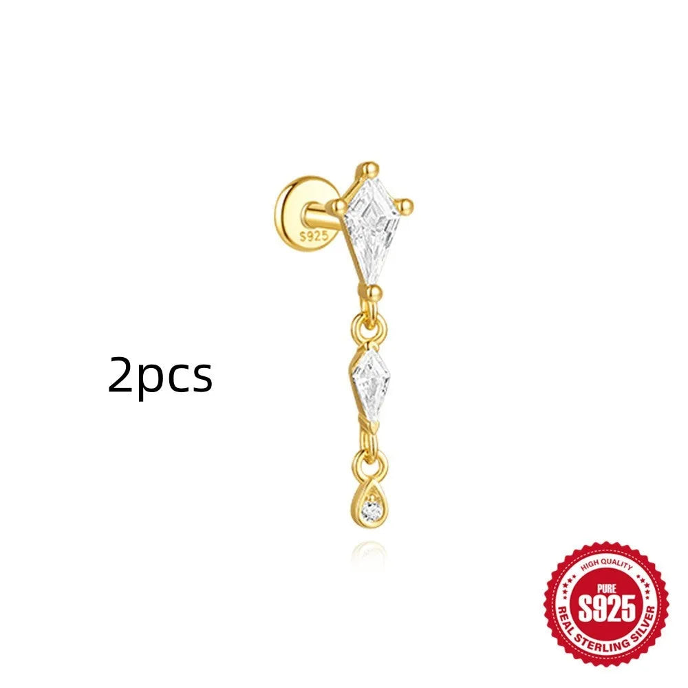 S925 sterling silver geometric kite earring with rhinestone chain tassel in gold colour.