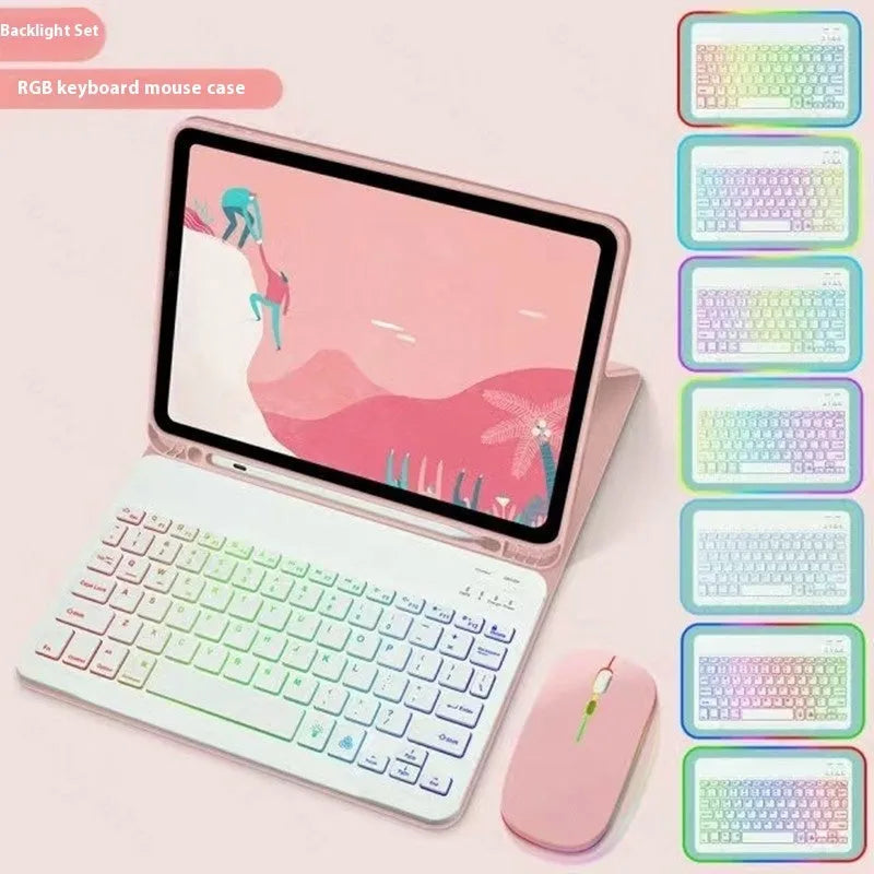 iPad protective case with luminous RGB Bluetooth keyboard and mouse in black leather sheath style