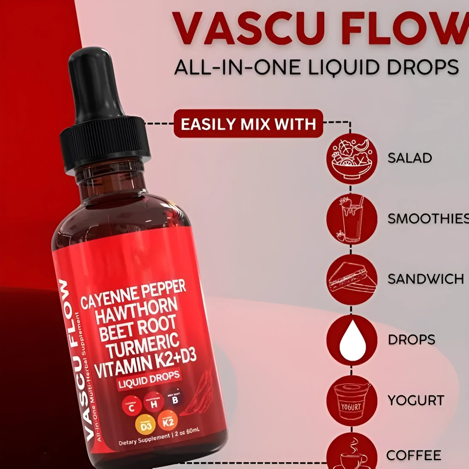 60ml glass bottle of Vitamin D3 and K2 with Hawthorn Fruit liquid supplement drops with glass dropper.