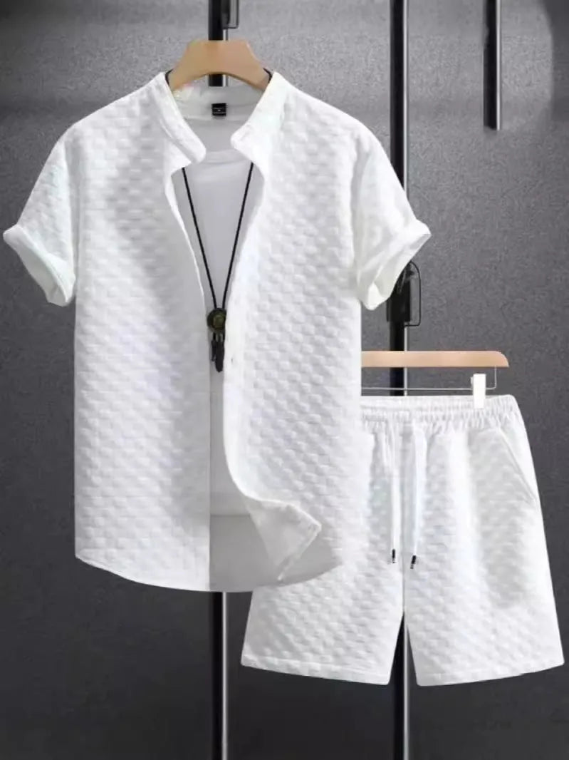 Men's jacquard short sleeve suit separates in black and white colour options