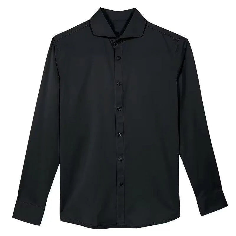 Man wearing a black loose-fit long sleeve cardigan shirt in Korean style.