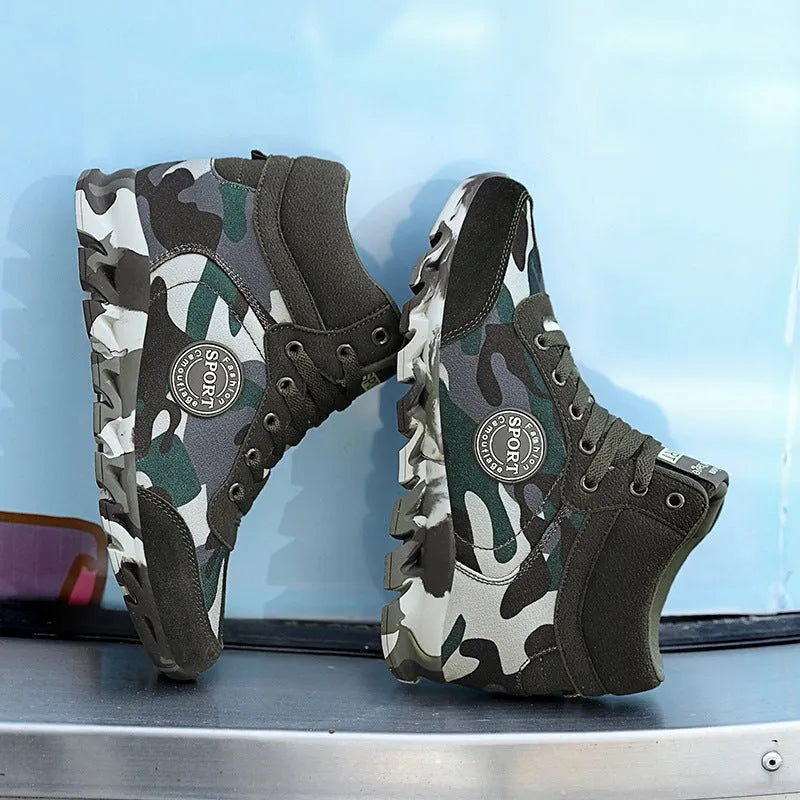 Green camouflage canvas women's trainers with rubber soles showing size range 35-42 EU