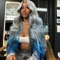 Gradient grey-blue human hair wig with natural lace front shown at multiple length options