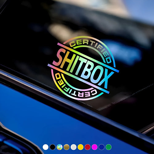 13 by 12 cm vinyl car body sticker showing colour options including black, silver, gold, and glitter.