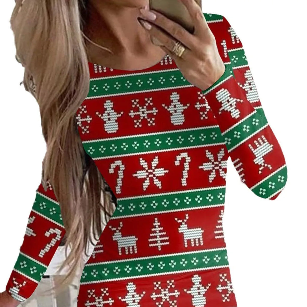 Women's tight-fitting Christmas dress with floral animal print, round neck, long sleeves, and a short hip skirt.