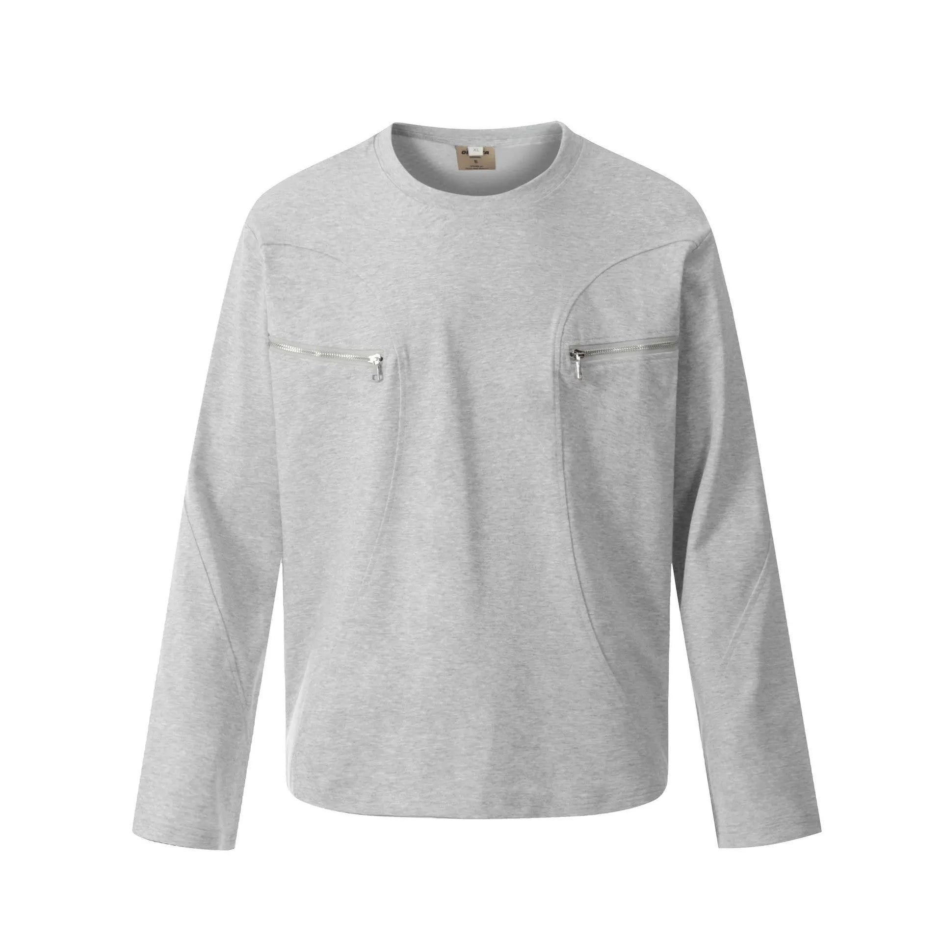 Man wearing a loose fit grey long sleeve cotton t-shirt for casual wear.