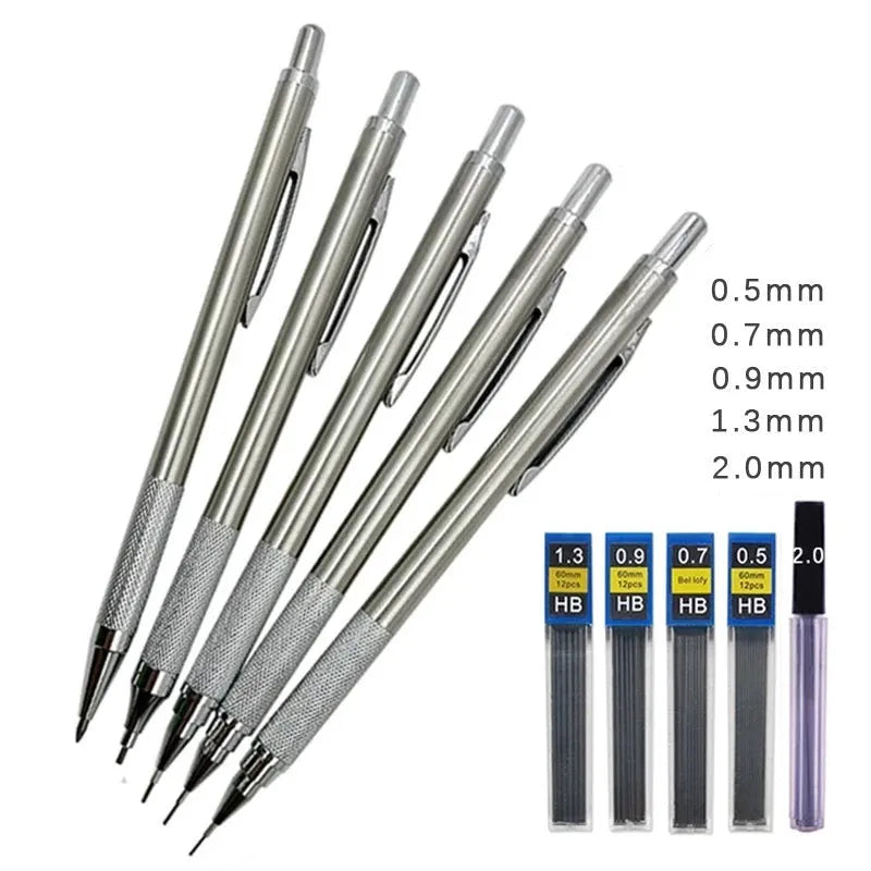 Metal automatic mechanical pencil shown with selectable lead size options including 0.5mm and 2.0mm.