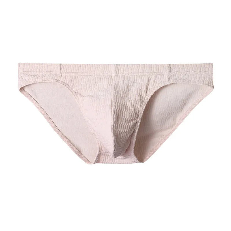 Men's solid colour cotton triangle underwear briefs with mid waistband, shown in apricot black colour.