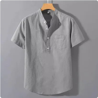 Men's casual linen shirt with stand collar and short sleeves in slub cotton fabric, loose fit