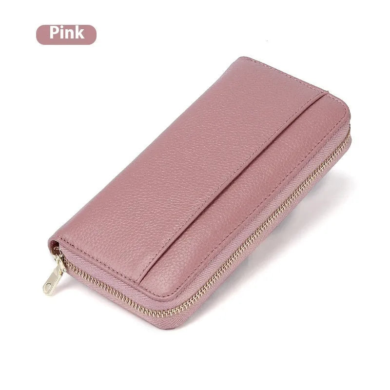 Genuine leather women's wallet showing interior compartments and anti-theft card swiping feature