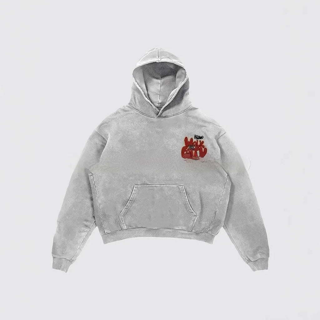 Women's granny grey hoodie with vintage letter print showing front view and pocket detail